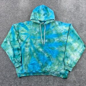 Vintage Y2K Tie Dye Hoodie Mens XL Blue Green Hanes Print Pro Cotton Blend